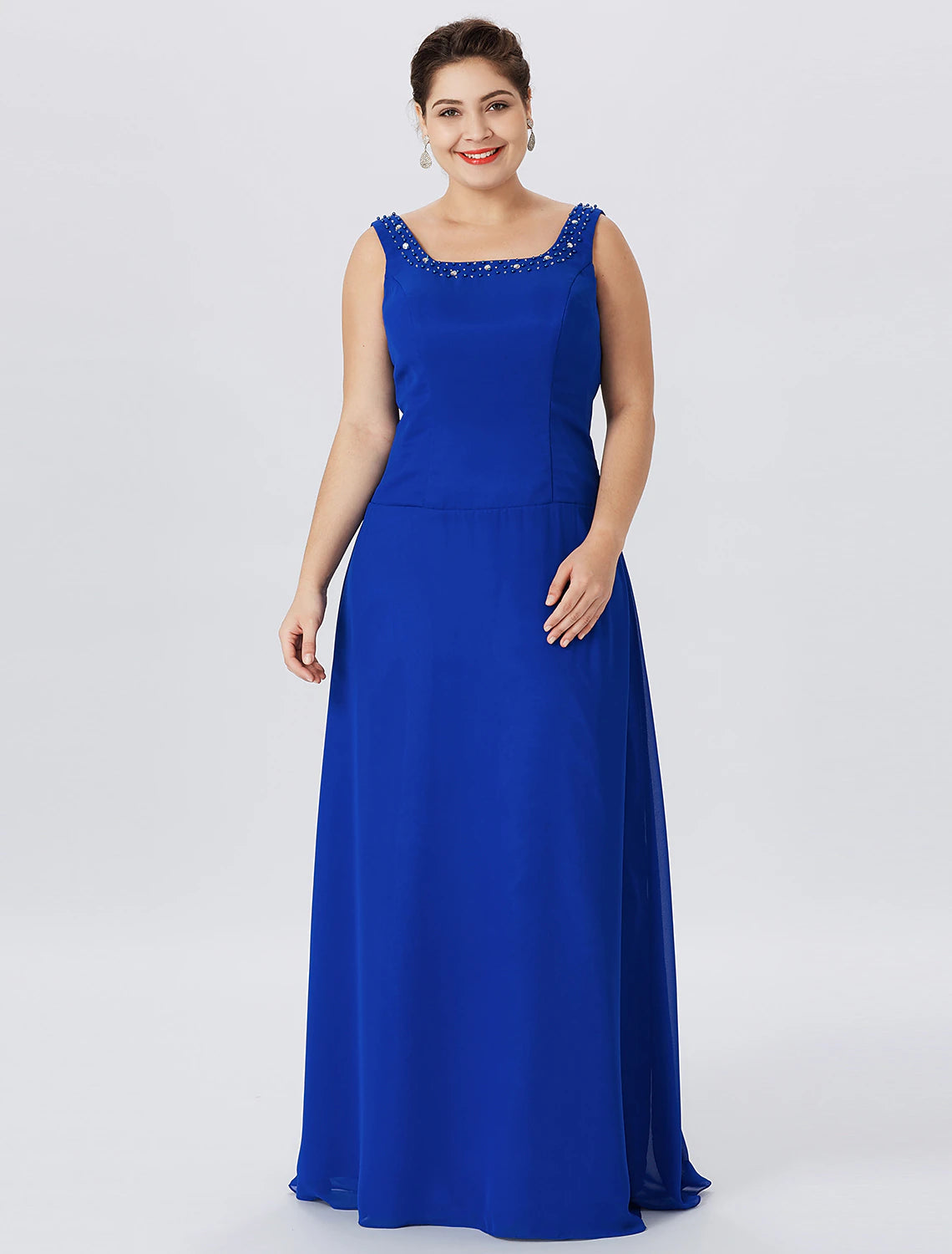 Abito da madre della sposa a trapezio, formale, classico e intramontabile, elegante e lussuoso, taglie forti, spalline, lunghezza pavimento, chiffon, pizzo, maniche lunghe, coprispalle incluso, con perle e cristalli.