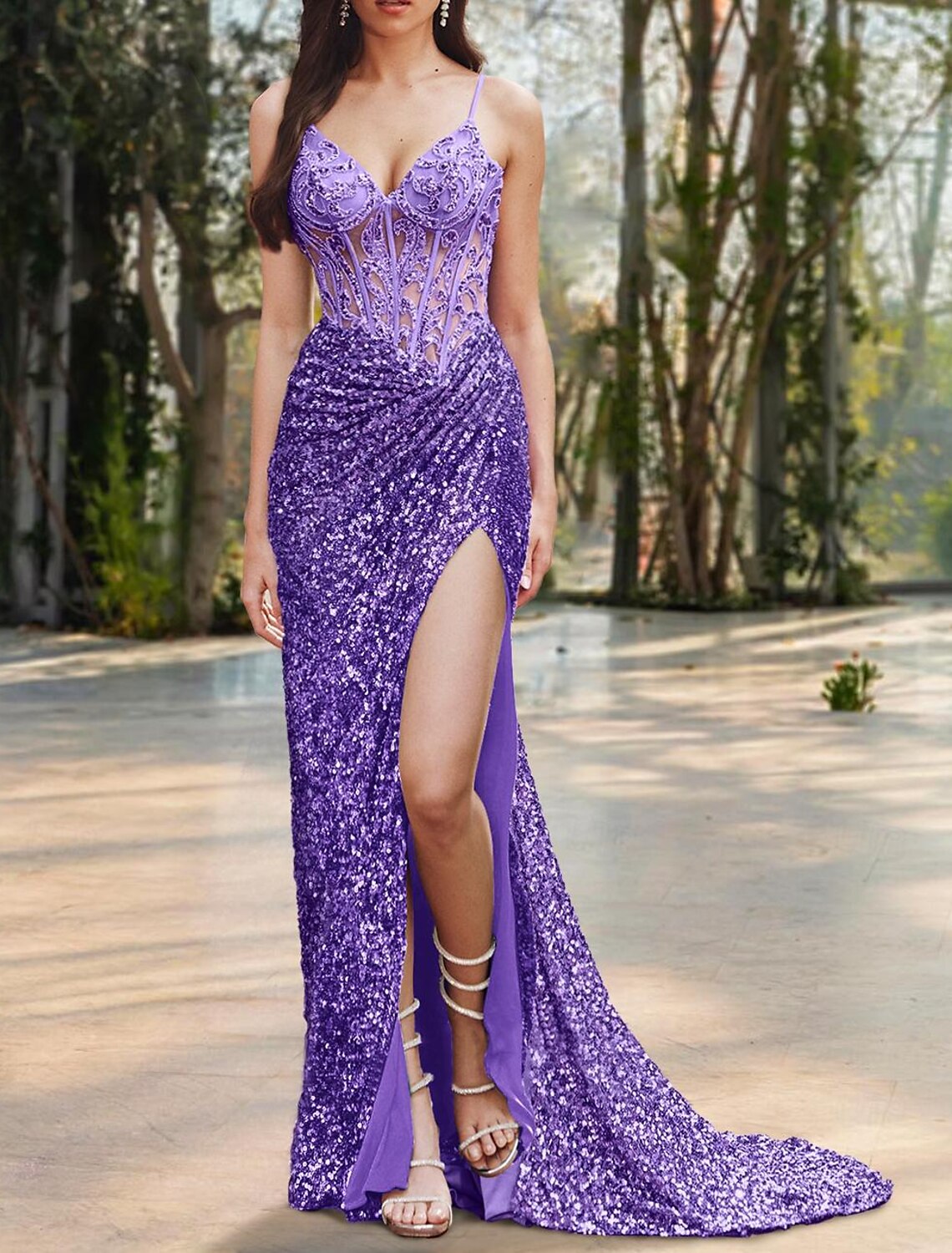 Mermaid / Trumpet Prom Dresses Corsets Dress Formal Wedding Guest Floor Length Sleeveless Spaghetti Strap Sequined with Slit Appliques