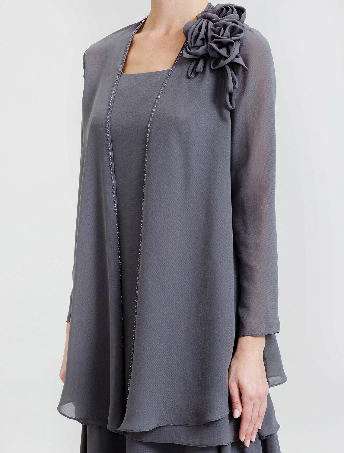 Abito da madre della sposa a trapezio, formale, floreale, convertibile, scollo a barchetta, lunghezza pavimento, in chiffon, manica lunga, avvolgente, con perline e fiori a strati