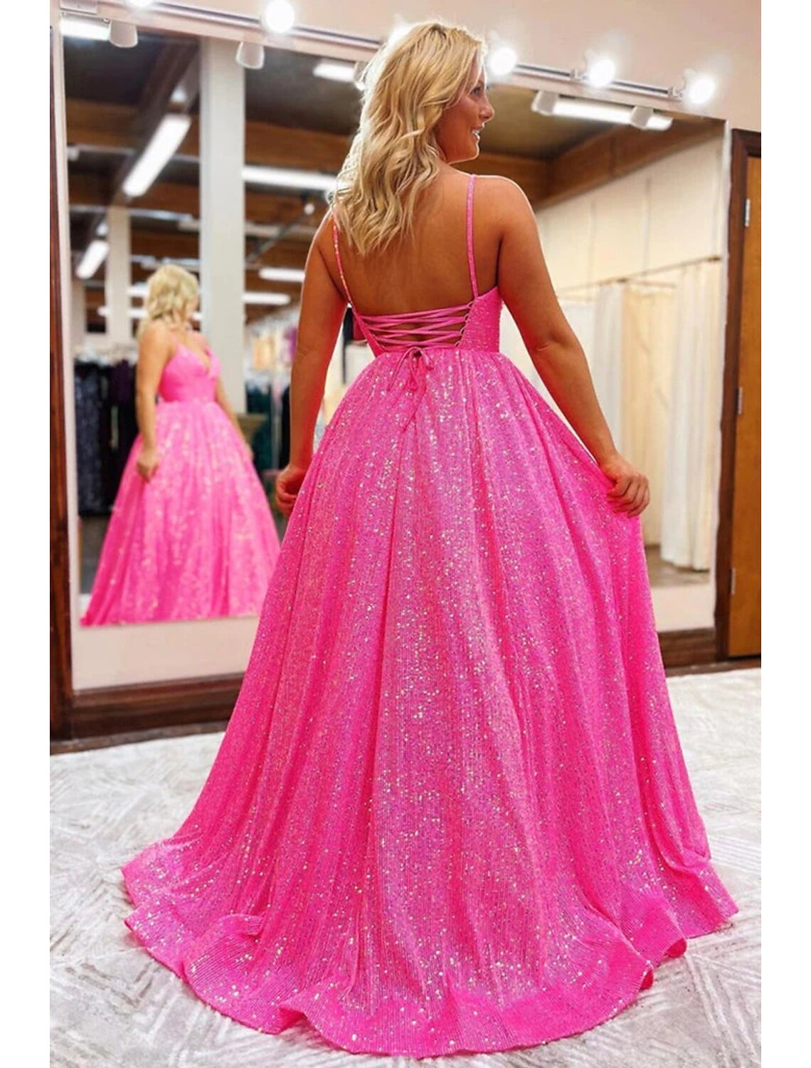 Pink Glitter Fabric A-Line V-Neck Floor-Length Dress with Ruched Bodice