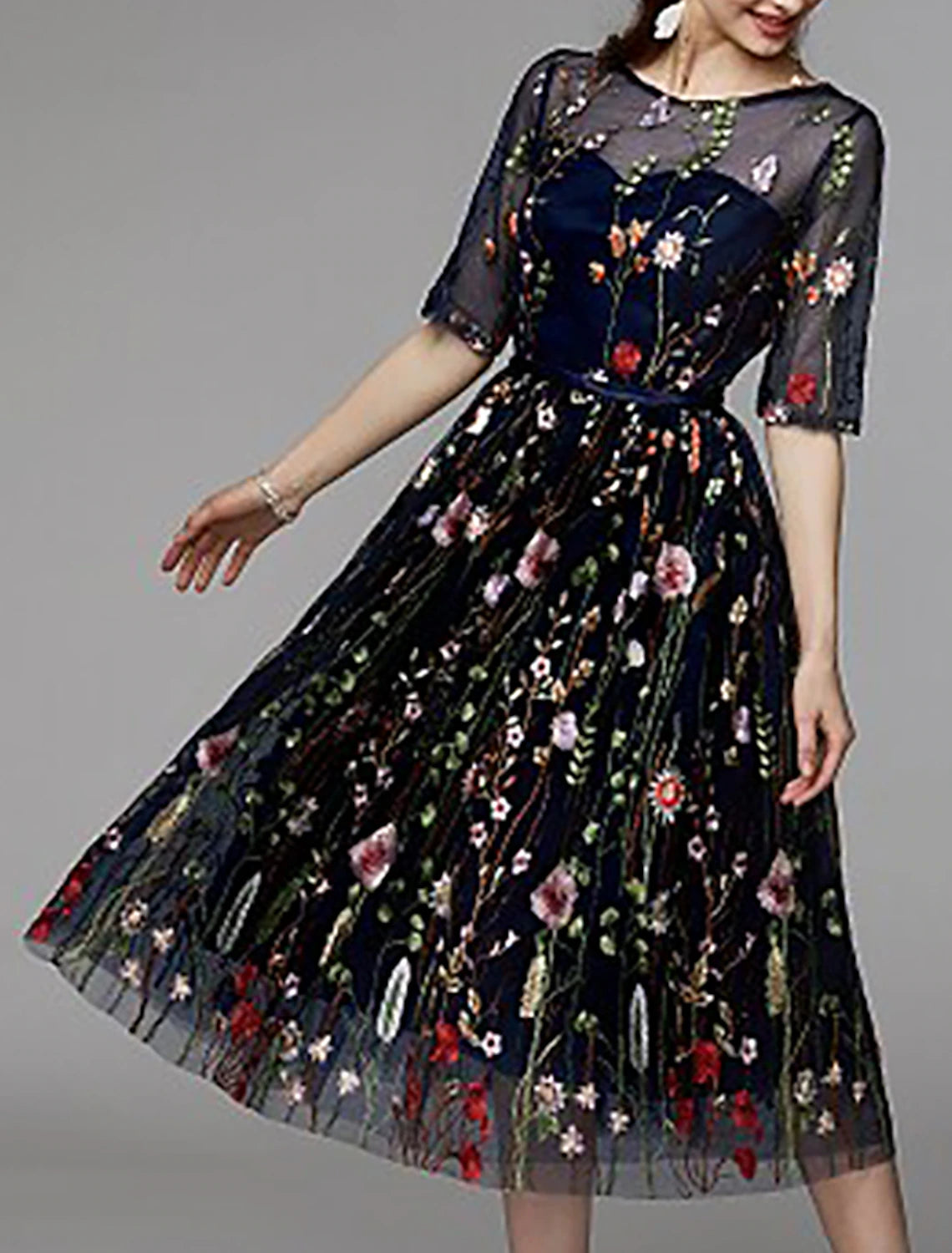 Black A-Line Tea-Length Evening Dress with Floral Embroidery