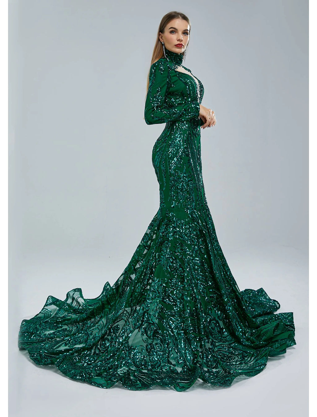 Emerald Sequin Mermaid Floor-Length Evening Dress with High Neck & Illusion Plunging V-neck