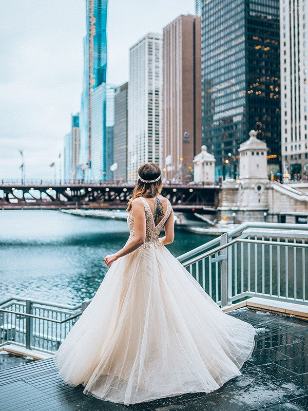 Abiti a trapezio/principessa con perline, in tulle, senza maniche, scollo a V, lunghezza al pavimento