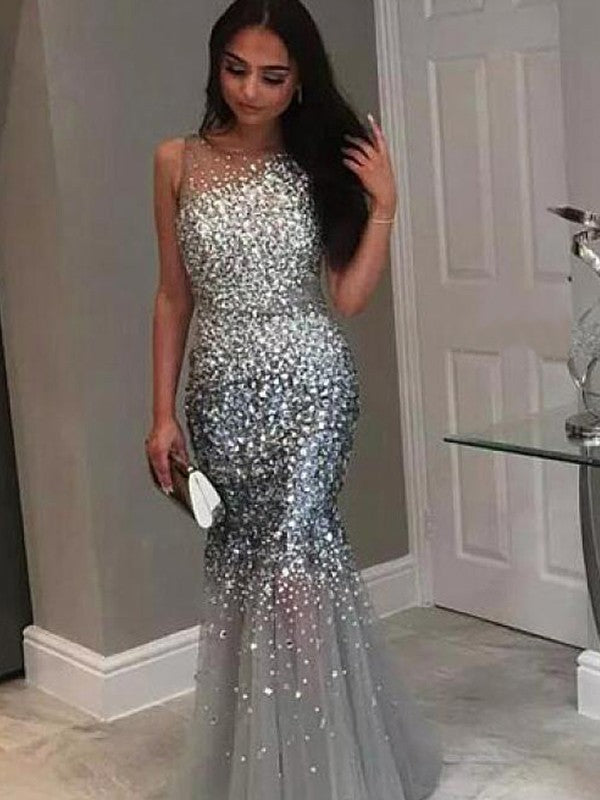 Silver Sequin Mermaid Floor-Length Dress with Illusion Neck & Back Zip