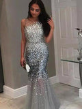 Silver Sequin Mermaid Floor-Length Dress with Illusion Neck & Back Zip