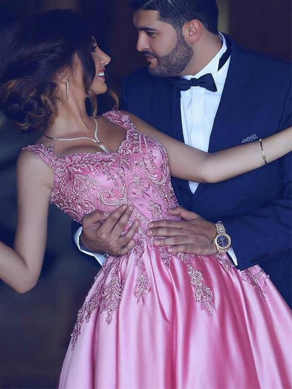 Embroidered Pink Satin Sweetheart Ball Gown Floor-Length Evening Dress
