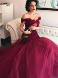 Burgundy Off-the-Shoulder Lace Tulle A-Line Floor-Length Dress
