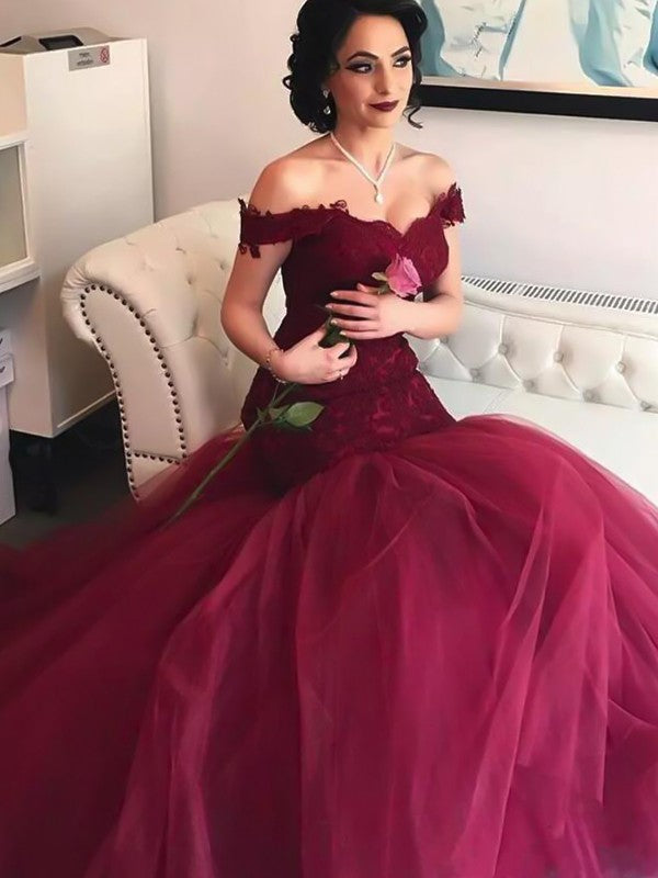 Burgundy Off-the-Shoulder Lace Tulle A-Line Floor-Length Dress