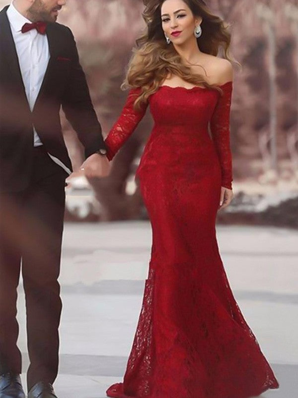 Trumpet/Mermaid Off-the-Shoulder Long Sleeves Sweep/Brush Train Ruffles Lace Dresses