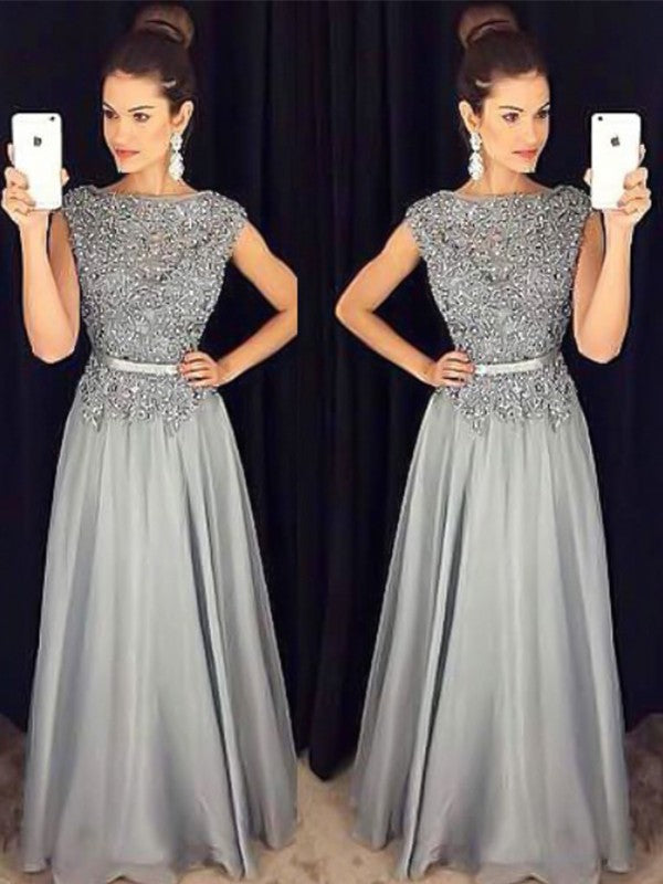 Royal Blue Chiffon A-Line Floor-Length Evening Dress with Boat Neck and Embellished Bodice