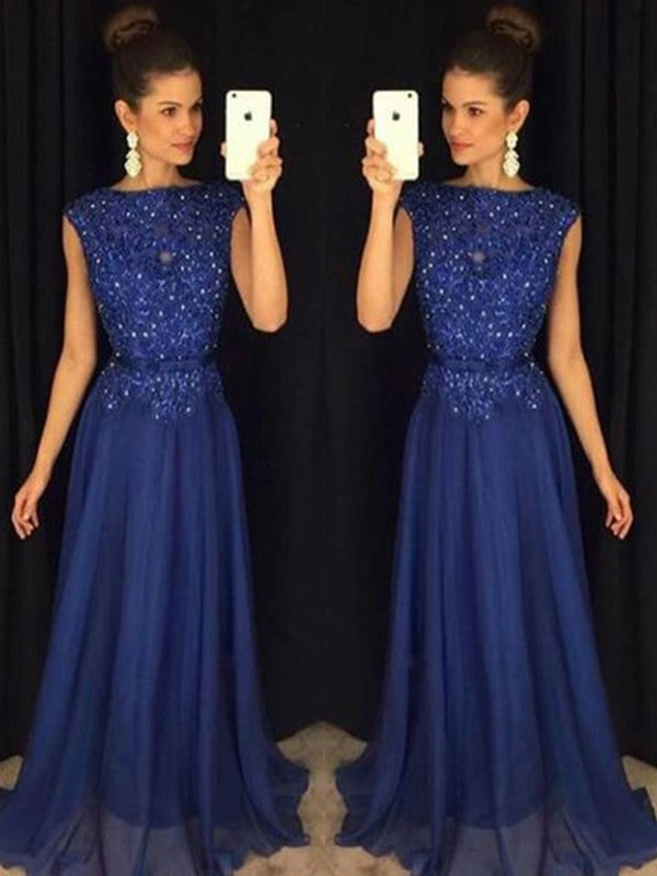 Royal Blue Chiffon A-Line Floor-Length Evening Dress with Boat Neck and Embellished Bodice