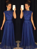 Royal Blue Chiffon A-Line Floor-Length Evening Dress with Boat Neck and Embellished Bodice