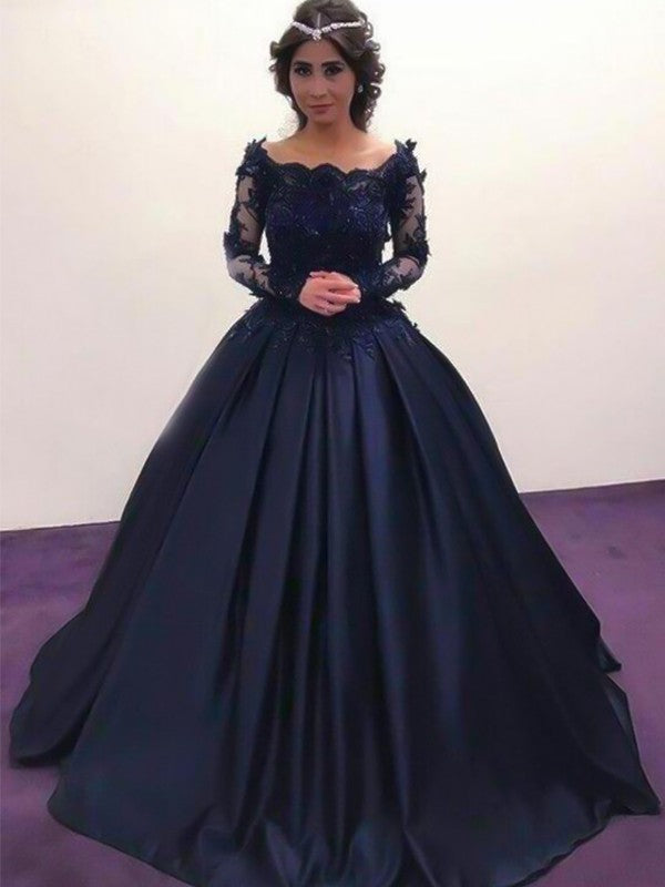 Dark Navy Off-the-Shoulder A-Line Satin Floor-Length Gown with Lace Appliques