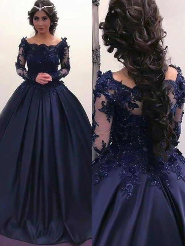Dark Navy Off-the-Shoulder A-Line Satin Floor-Length Gown with Lace Appliques