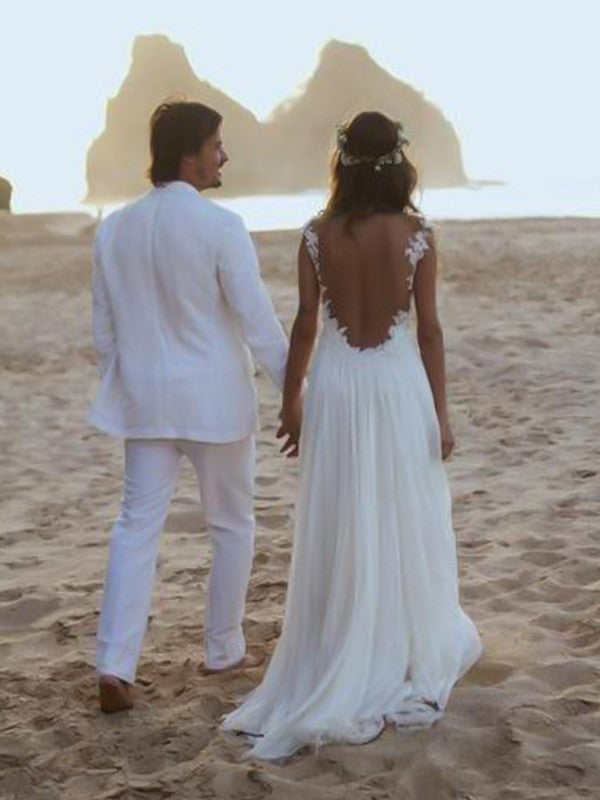 Vestidos de novia de gasa con encaje, corte princesa, tirantes finos, sin mangas y cola larga