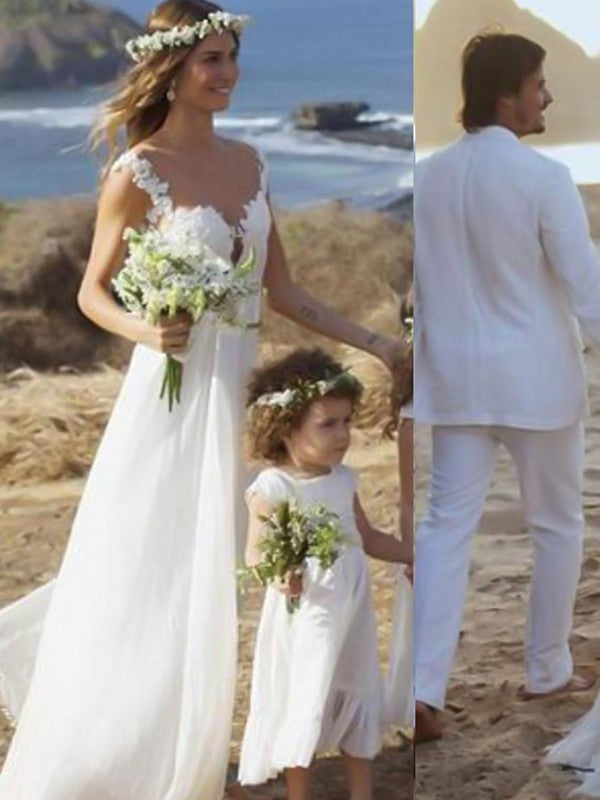 Vestidos de novia de gasa con encaje, corte princesa, tirantes finos, sin mangas y cola larga