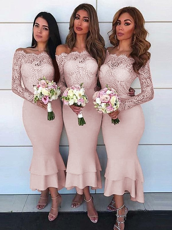 Sheath/Column Off-the-Shoulder Long Sleeves Ankle-Length Lace  Crepe Bridesmaid Dresses
