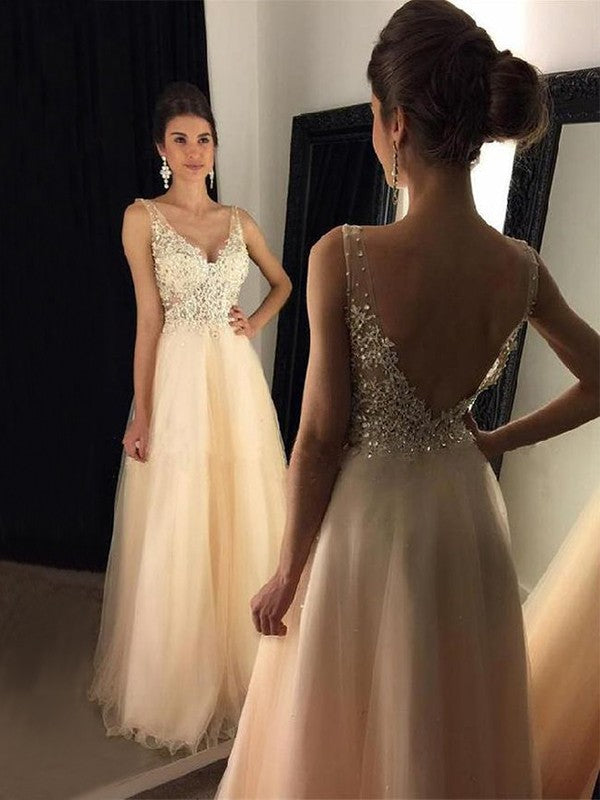Vestidos de tul con apliques, sin mangas, escote en V y corte princesa, hasta el suelo