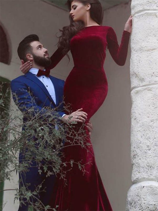 Burgundy Velvet Mermaid Floor-Length Dress with Boat Neck and Long sleeves