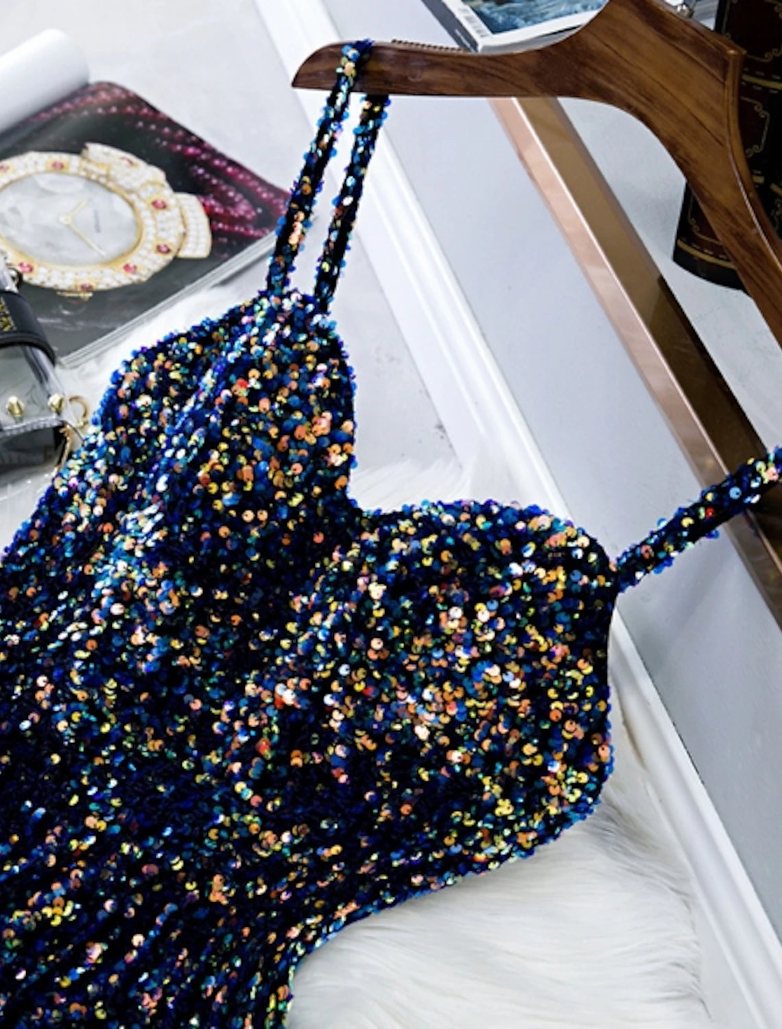 Abito da cocktail party per le feste, a trapezio, scintillante e brillante, senza maniche, lunghezza al ginocchio, con paillettes e spalline sottili