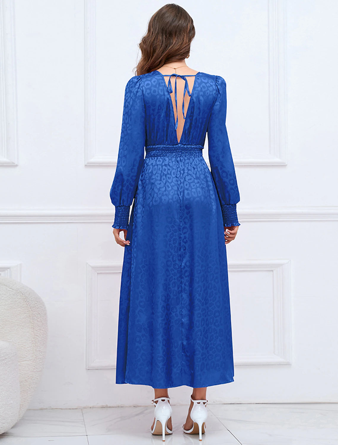 Royal Blue Satin A-Line Tea-Length Dress with Shirred Waist