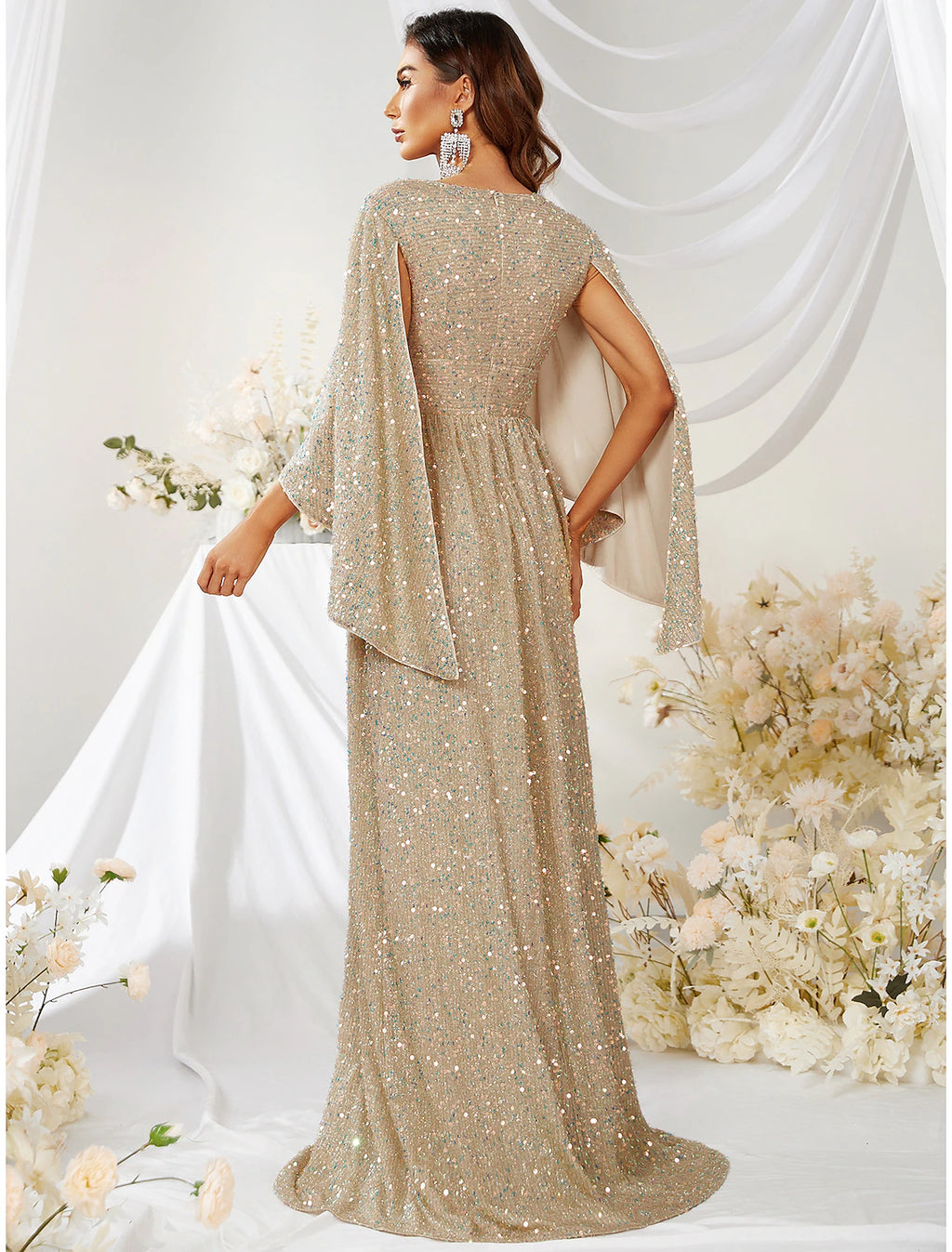Abito da sera a trapezio, elegante, formale, da sposa, con strascico a ruota, manica lunga, scollo a V, mantelle in poliestere con paillettes