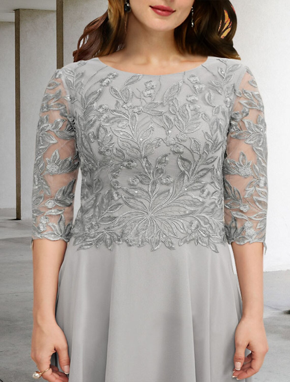 Abiti da sposa a trapezio per la madre della sposa, taglie forti, eleganti, con curve addominali nascoste, lunghezza tè, maniche a 3/4, scollo gioiello, in chiffon con applicazioni di paillettes