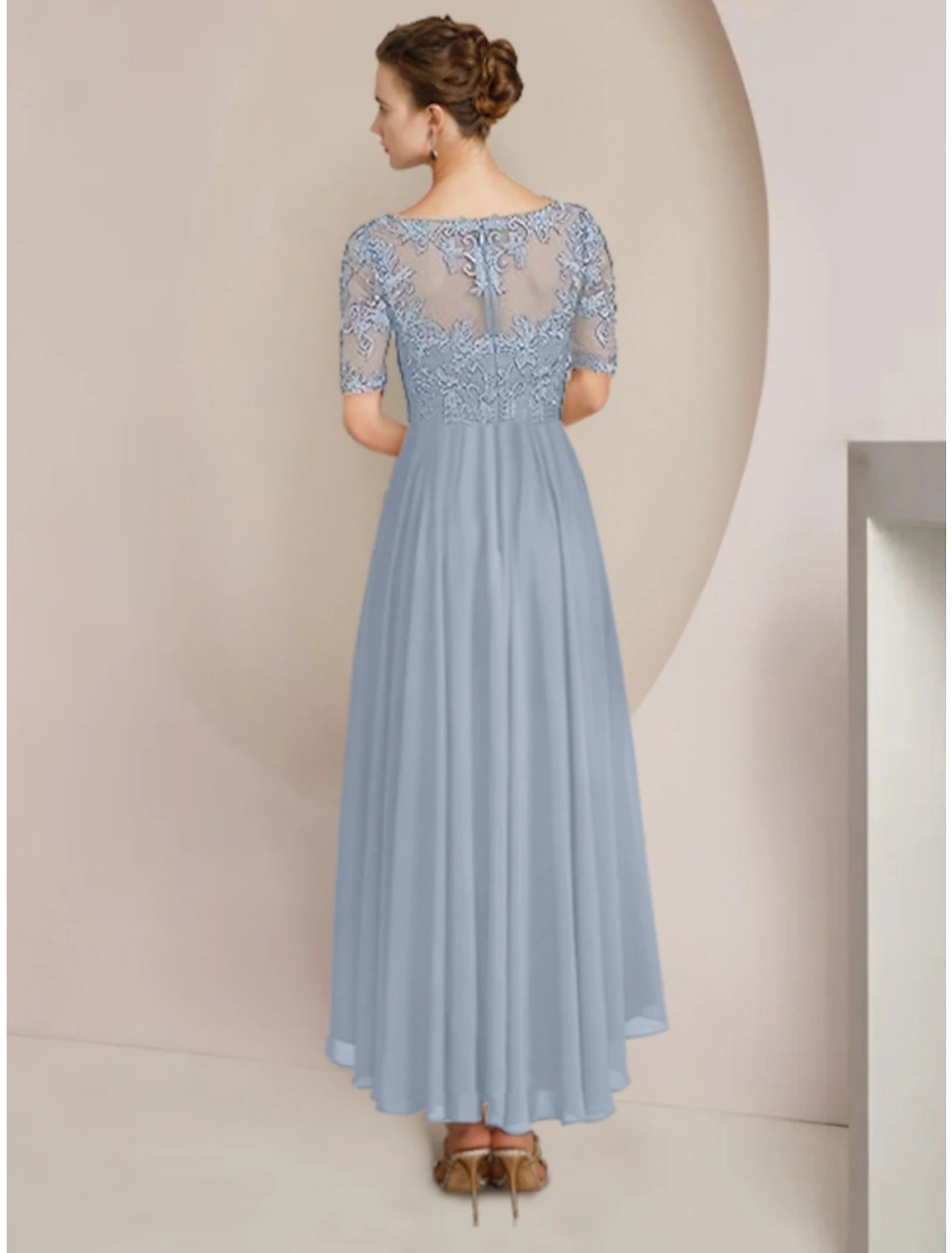 Dusty Blue Chiffon A-Line Asymmetrical Dress with Lace Bodice, High-Low Hem & Matching Bolero