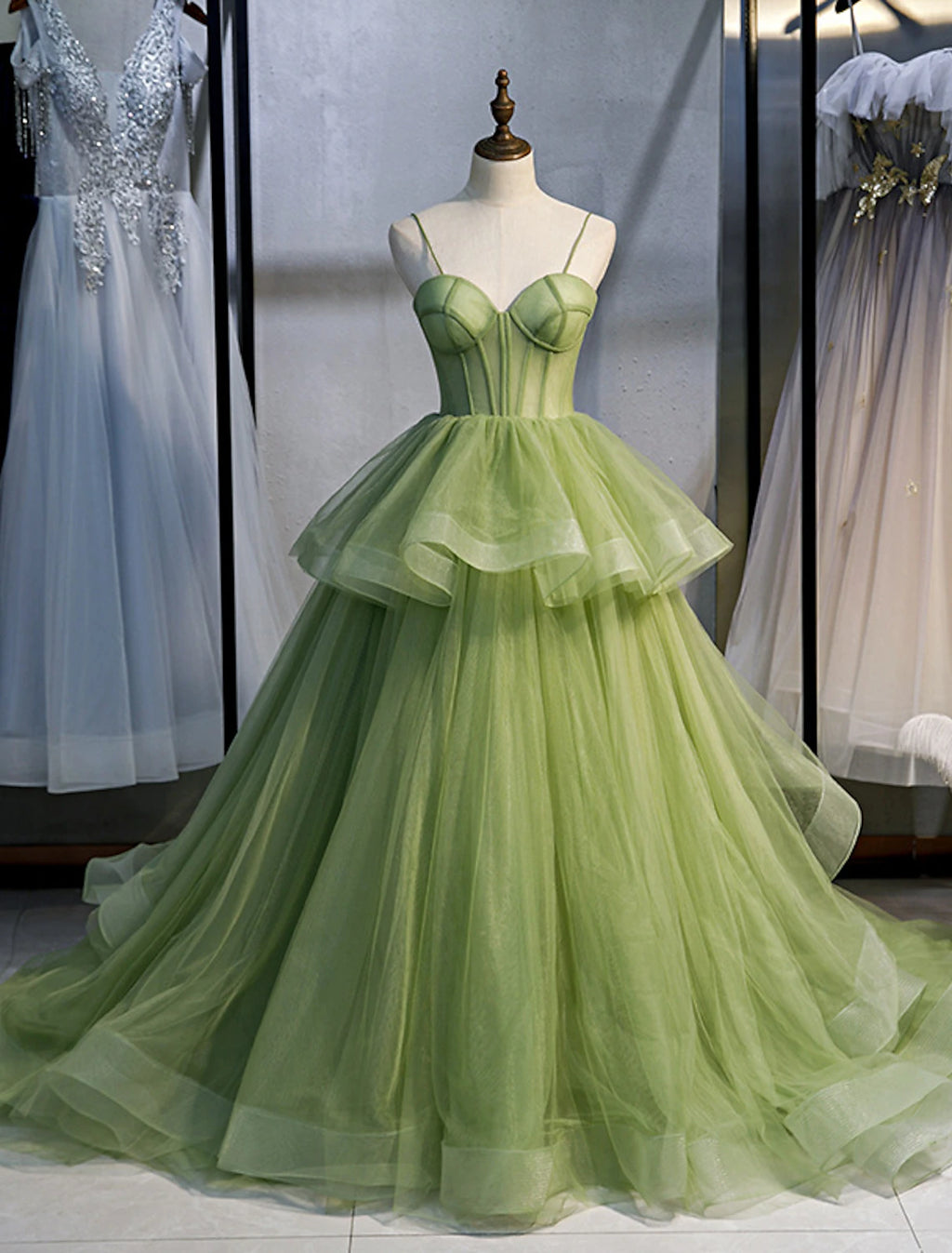 Sage Green Tulle Tiered Floor-Length Evening Dress with Sweetheart Neckline