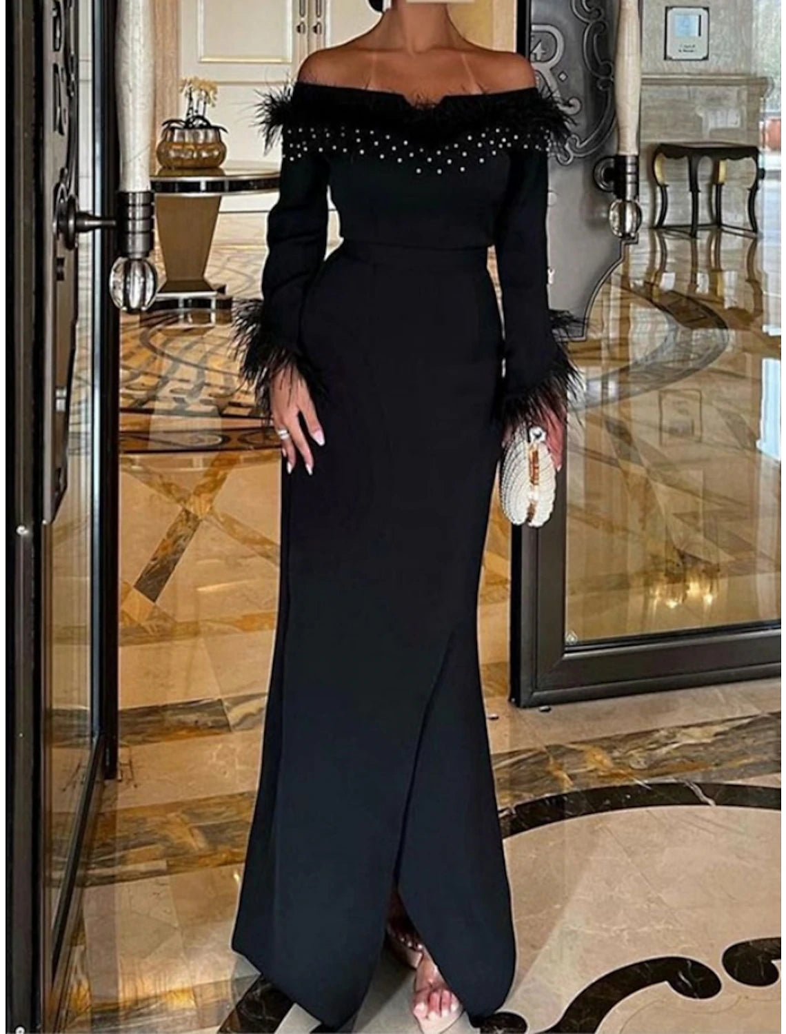 Mermaid / Trumpet Evening Gown Elegant Dress Formal Black Dress Floor Length Long Sleeve Off Shoulder  Fabric with Feather Sequin Slit 2025