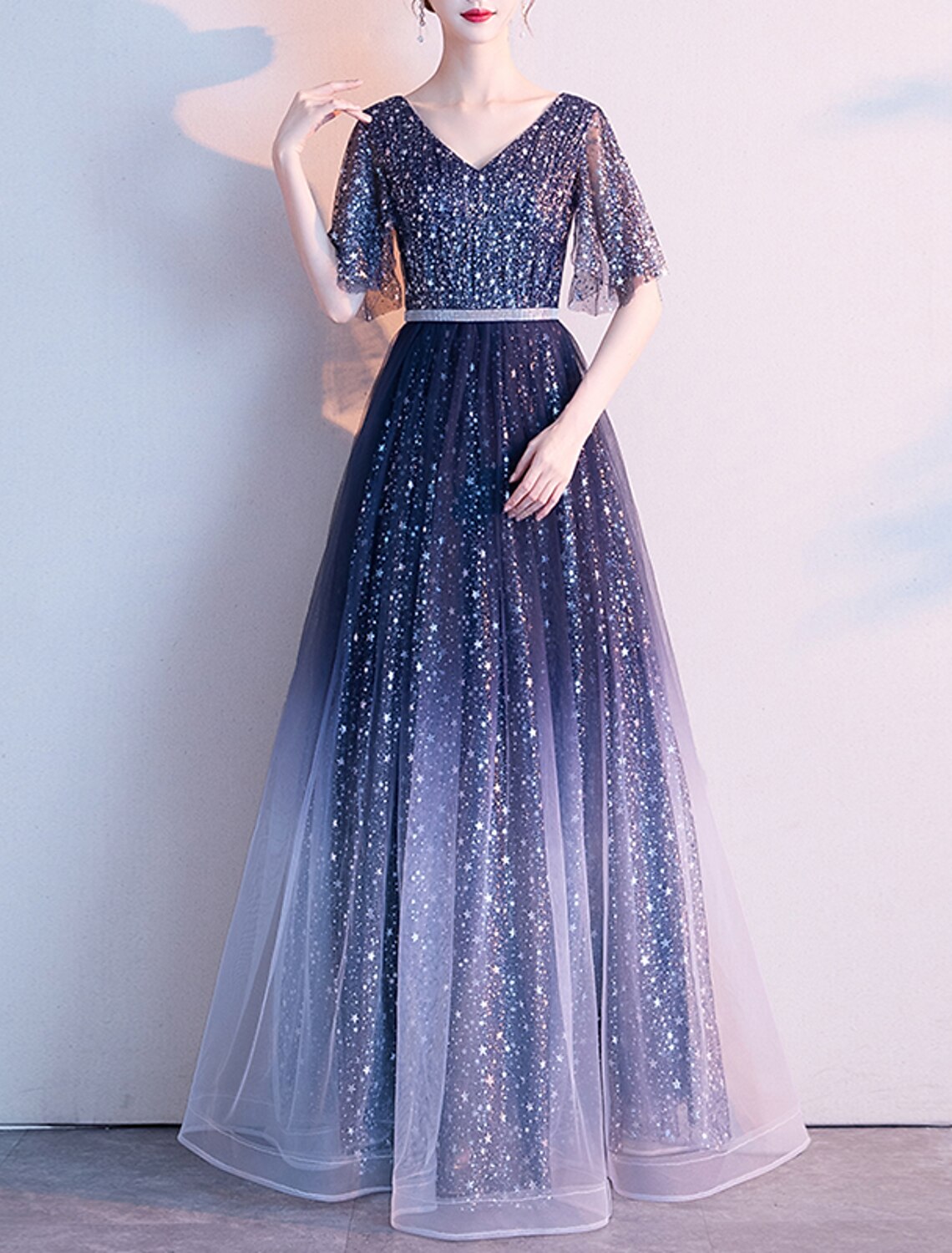 A-Line Evening Gown Glittering Dress Wedding Guest Prom Floor Length Half Sleeve V Neck Tulle with Sash / Ribbon Pleats Sequin 2025