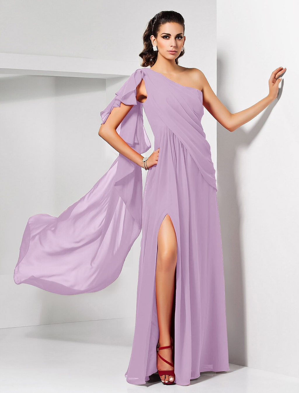 Red Chiffon A-Line Floor-Length Dress with One Shoulder & High Slit