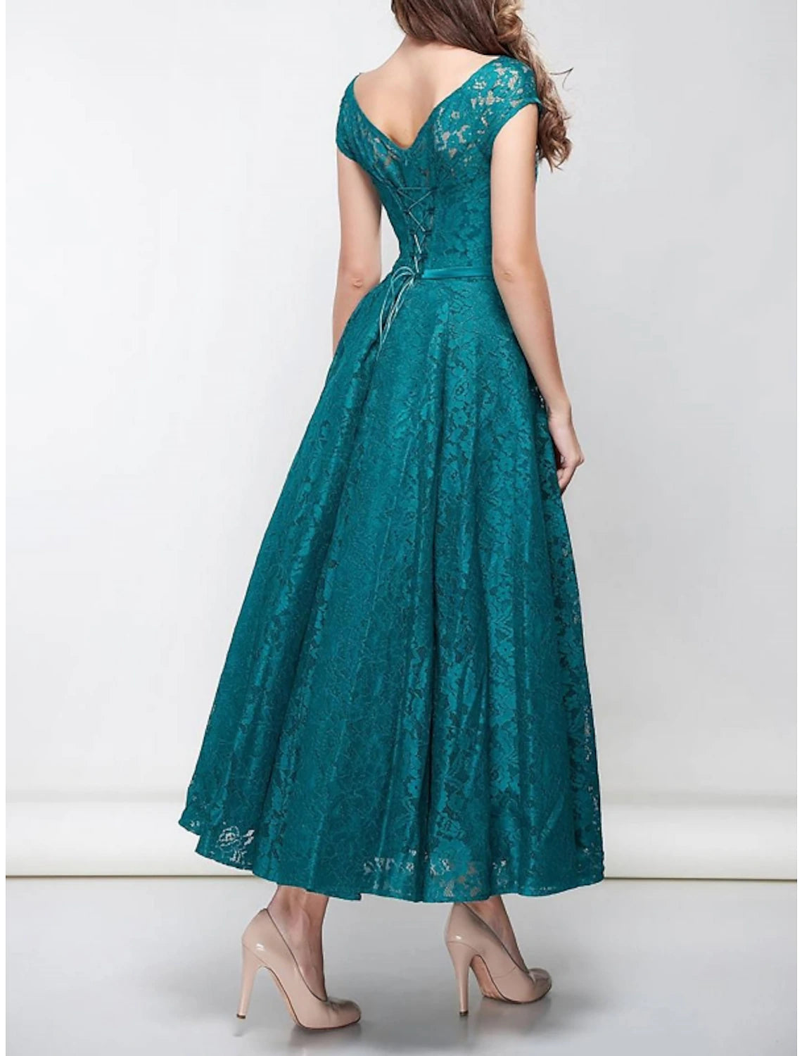 Teal Lace A-Line Tea-Length Boat Neck Dress