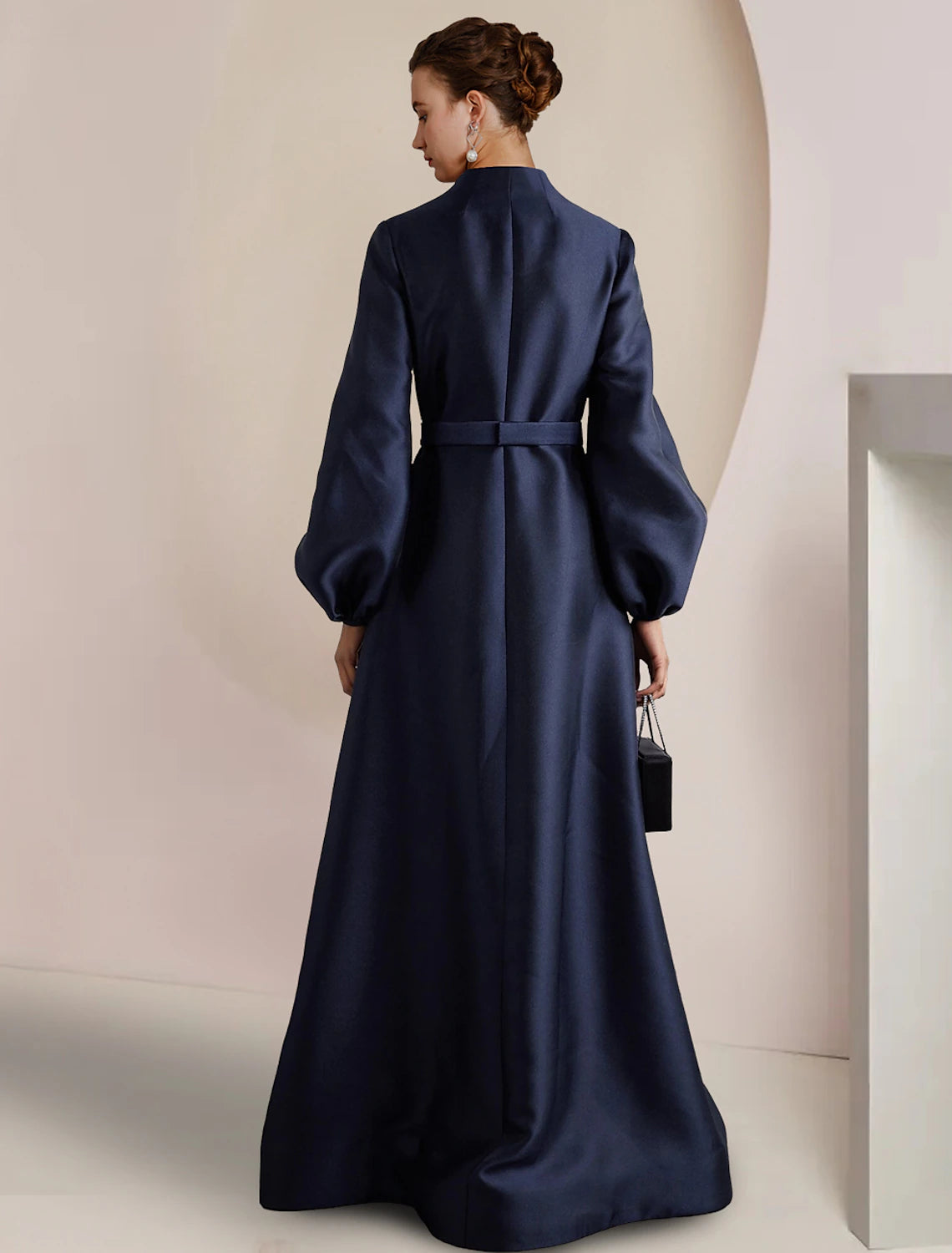 Dark Navy Satin A-Line V-Neck Floor-Length Evening Dress with Voluminous Sleeves