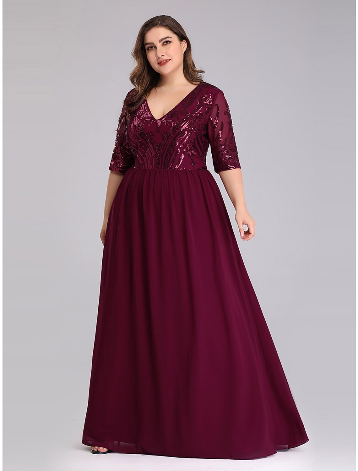 Dark Navy Sequin Chiffon A-Line V-Neck Floor-Length Gown
