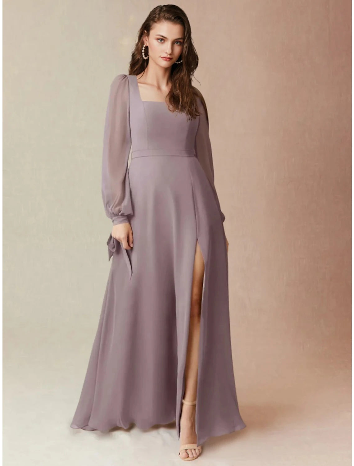 Lavender Chiffon A-Line Floor-Length Dress with Sheer Puff Sleeves & High Slit for Bridesmaids & Wedding Guests