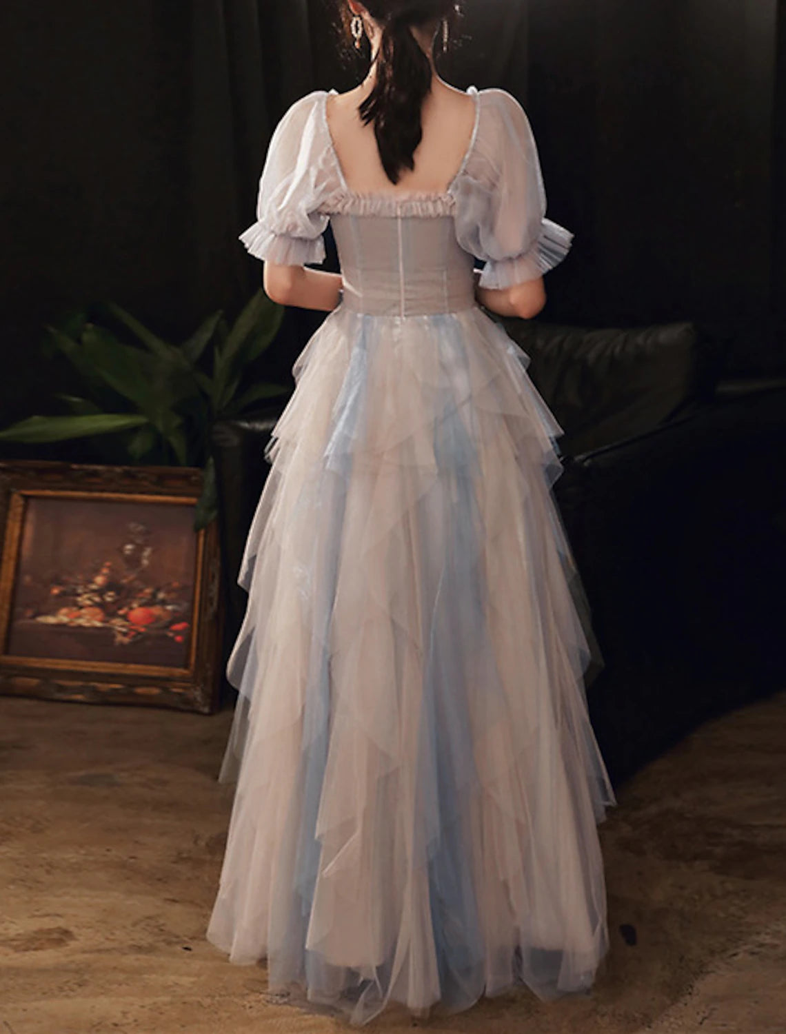 Abiti da ballo a trapezio, abiti color block, abiti da festa per matrimoni, compleanni, lunghezza al pavimento, mezza manica, scollo a barchetta, tulle con pieghe e volant