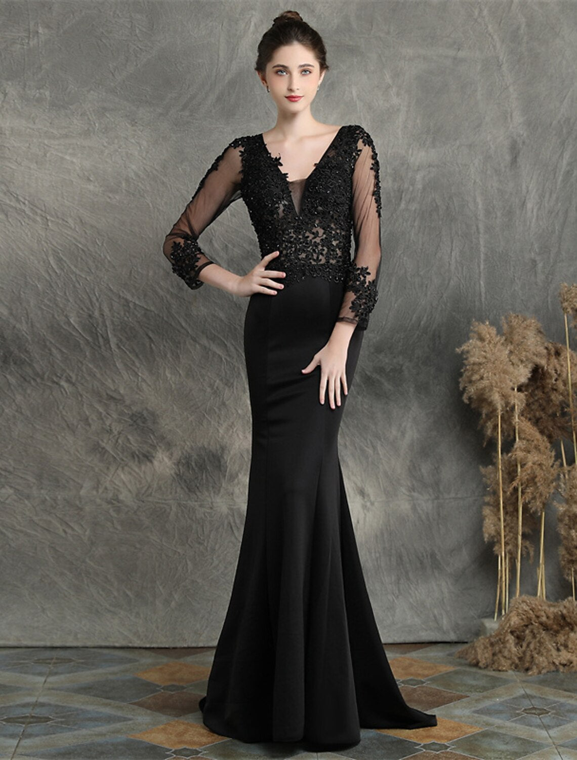 Burgundy Satin Mermaid Floor-Length V-Neck Illusion Embellished Evening Dress