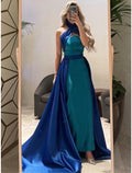 Royal Blue Satin A-Line Floor-Length Evening Dress with Halter Neckline & Backless Design