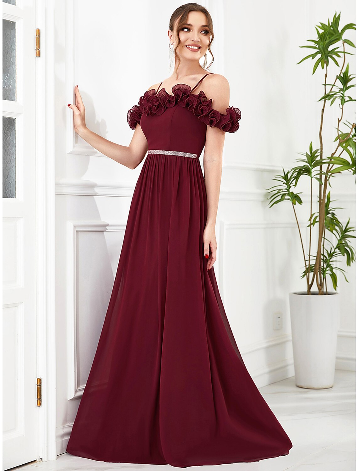 Off-the-Shoulder Ruffled Burgundy Chiffon A-Line Floor-Length Bridesmaid Dress