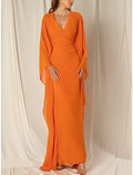 Abito da sera a tubino/colonna, elegante, formale, autunno, lunghezza alla caviglia, manica lunga, scollo a V, in chiffon con balze arricciate, 2025