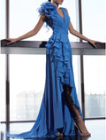 Royal Blue Chiffon A-Line Floor-Length Dress with V-Neck and Open Back