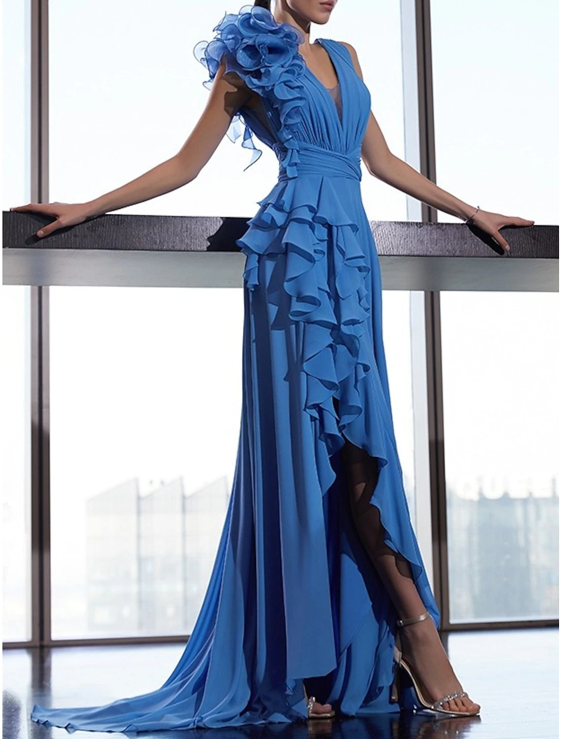 Royal Blue Chiffon A-Line Floor-Length Dress with V-Neck and Open Back