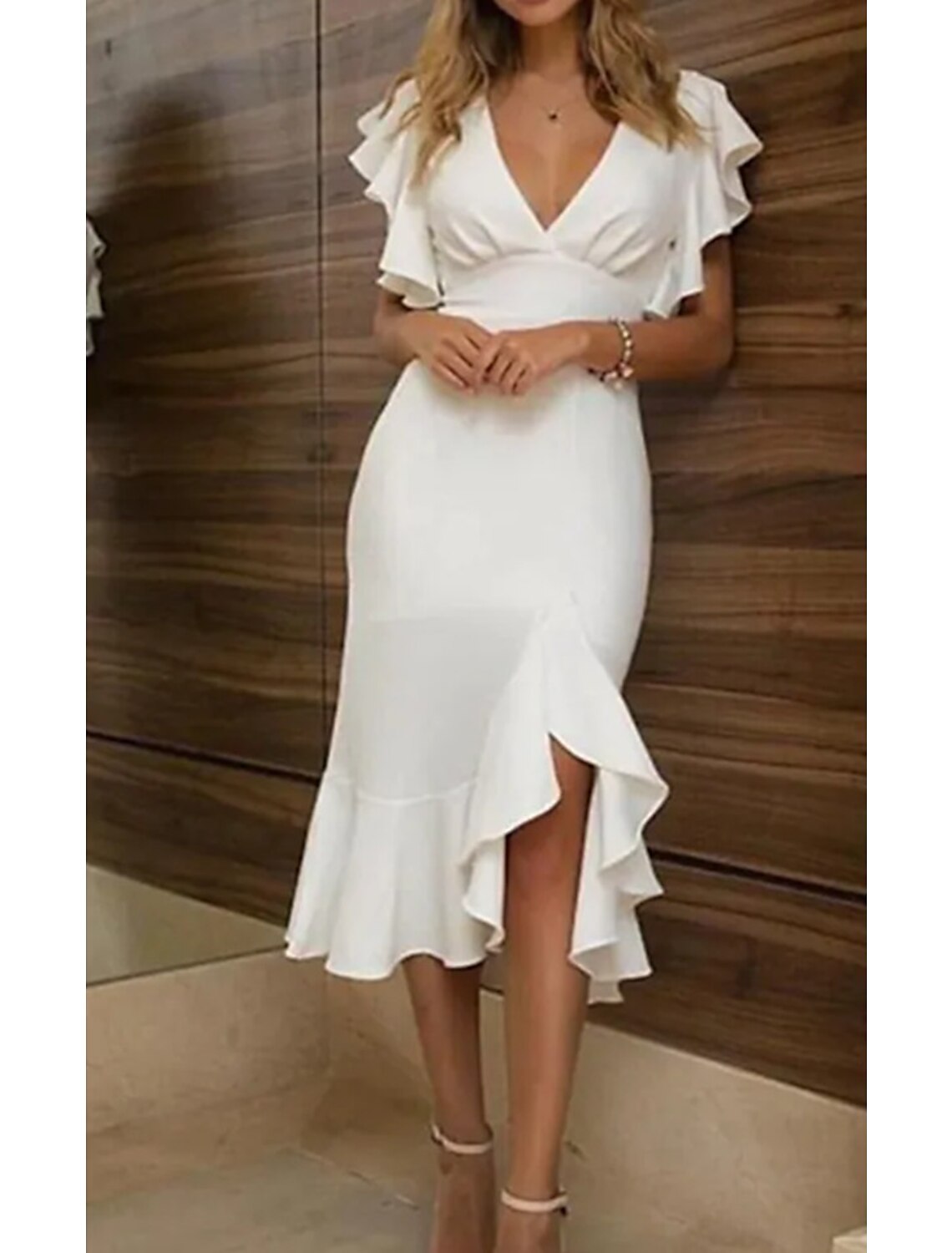 Mermaid / Trumpet Wedding Guest Dresses Elegant Dress Wedding Party Semi Formal Asymmetrical Short Sleeve V Neck Polyester with Ruffles Pure Color 2025