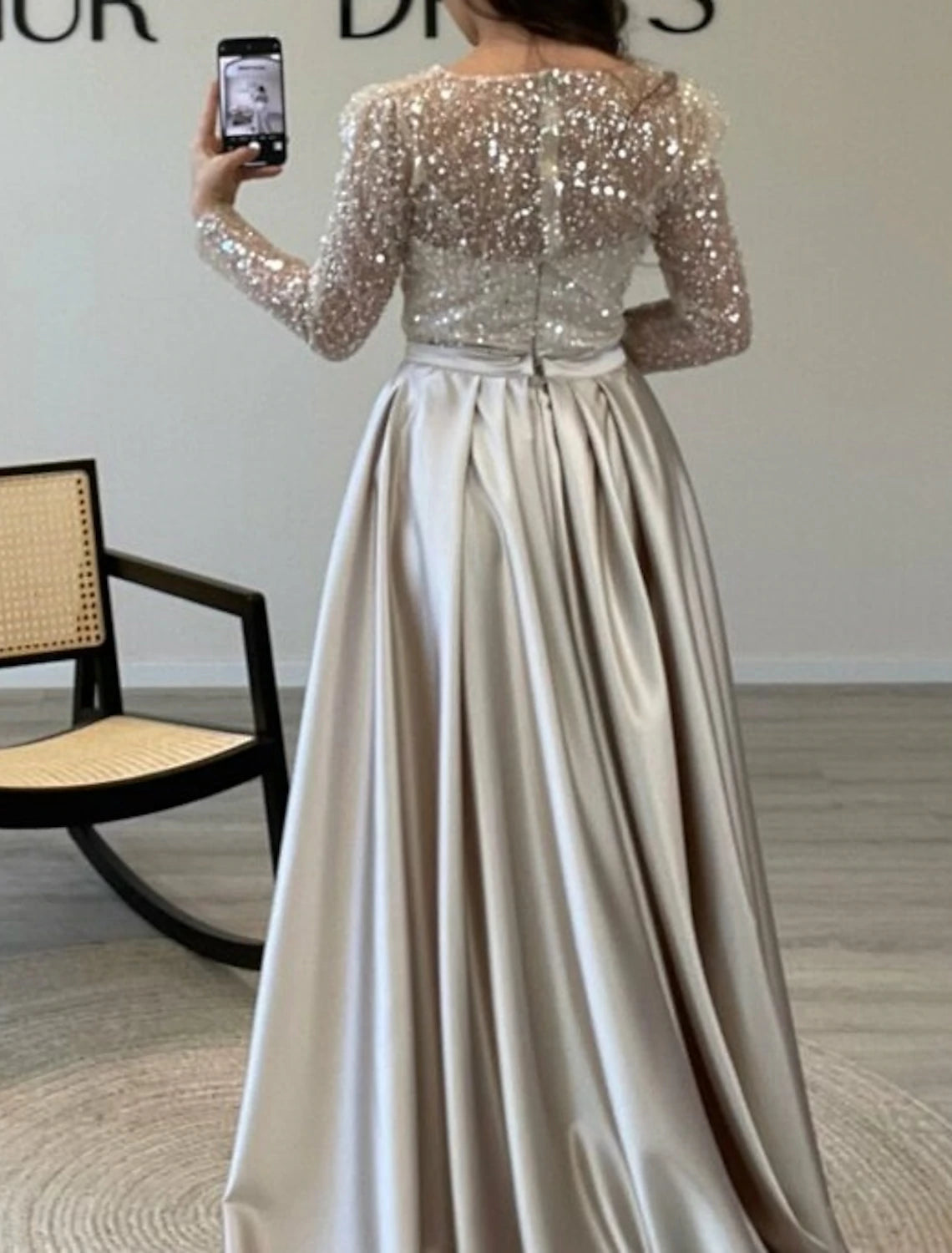 Ivory Satin Sheath/Column Gown with Illusion Sequin Sleeves