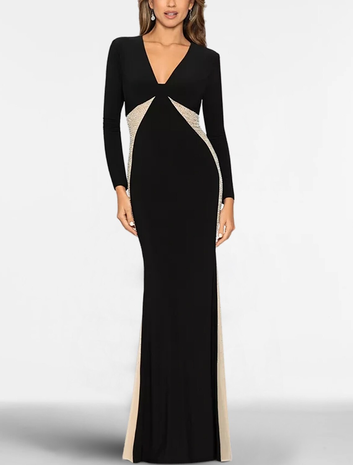 Vestido de sirena negro de talla grande, vestido de noche elegante, vestido formal de cóctel, fiesta, largo hasta el suelo, manga larga, cuello en V, tela con diamantes de imitación