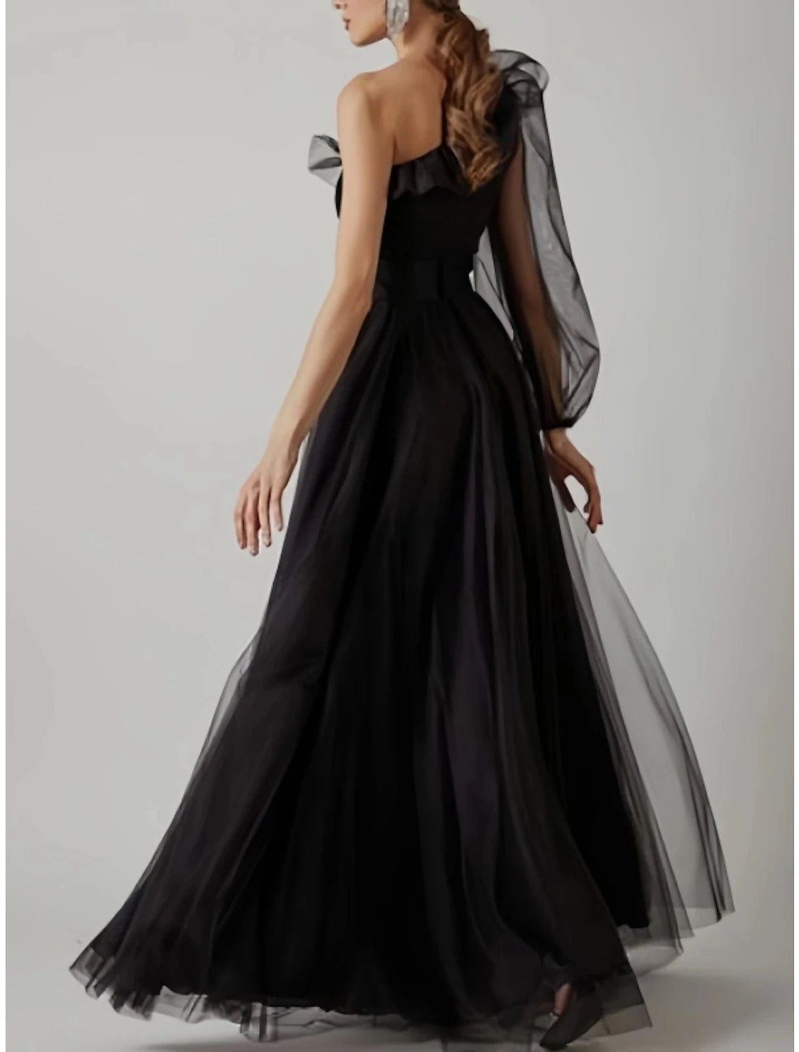 Sheath Prom Dress Elegant Black Dress Plus Size Evening Birthday Floor Length Long Sleeve One Shoulder Tulle with Pleats Ruffles Slit 2025