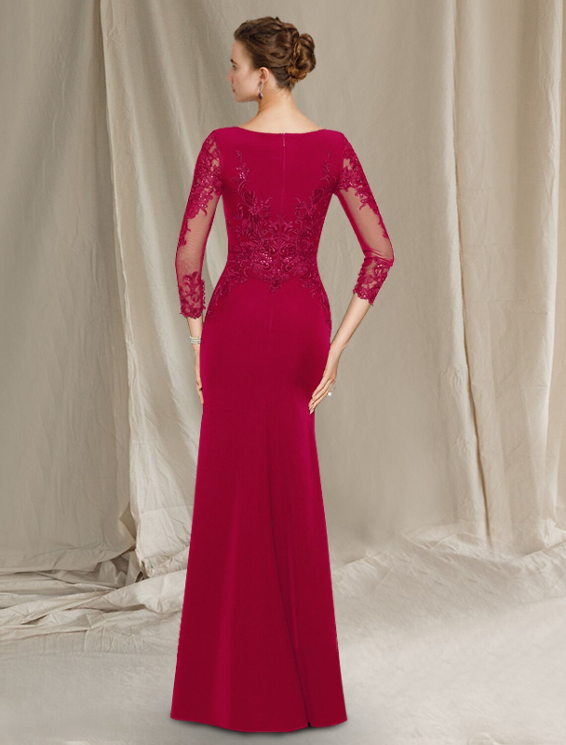 Vestido de madre de la novia con corte tubo/columna, elegante, escote joya, largo hasta el suelo, de gasa, encaje, manga corta con apliques de volantes de lentejuelas