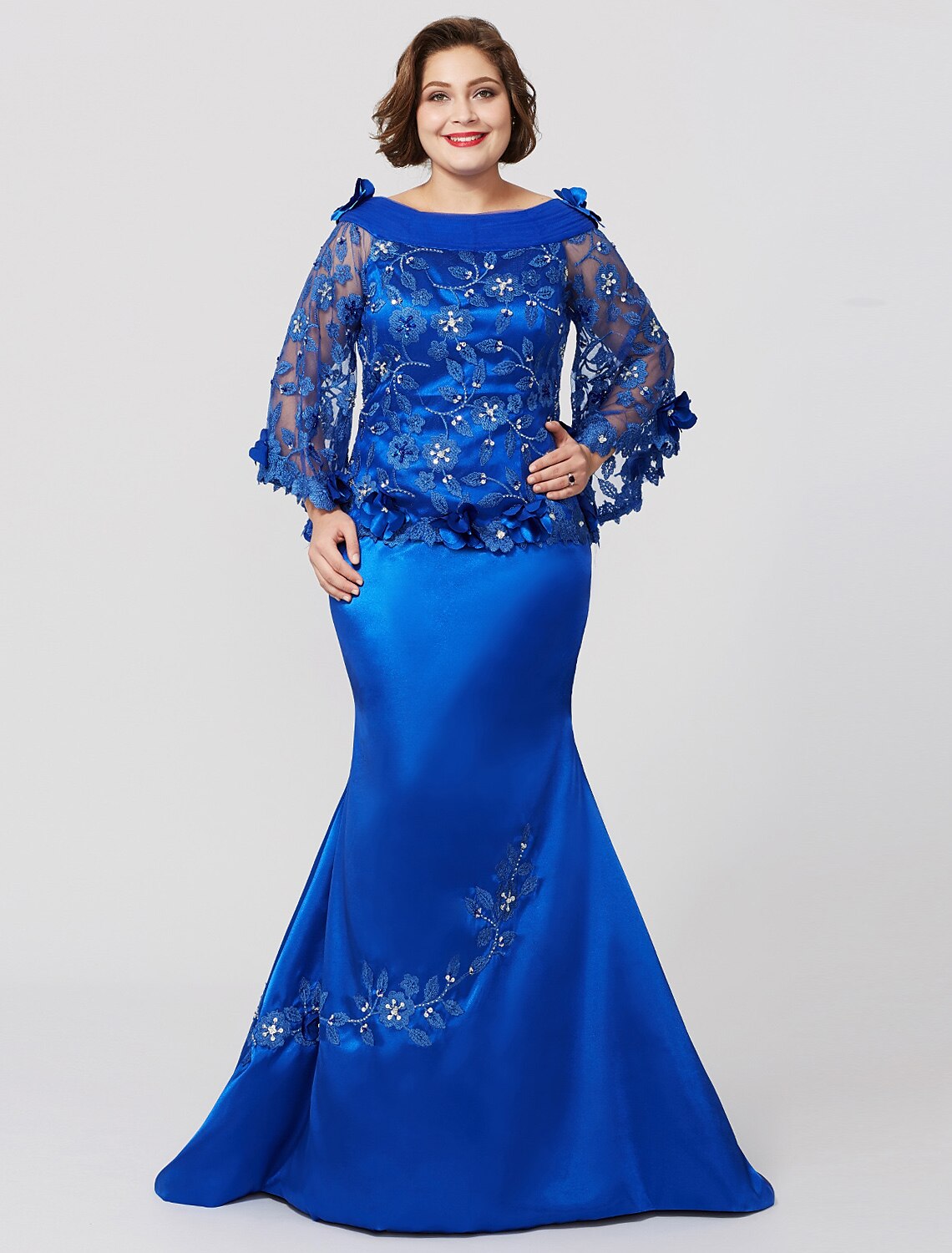 Royal Blue Satin Off-the-Shoulder Mermaid Floor-Length Evening Dress with Embroidered Bodice