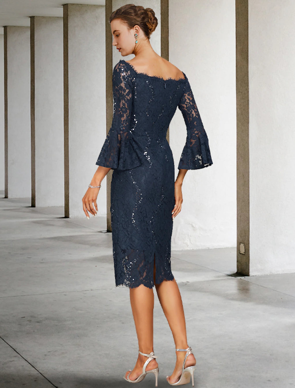 Dark Navy Off-the-Shoulder Lace Midi Dress with Bell Sleeves